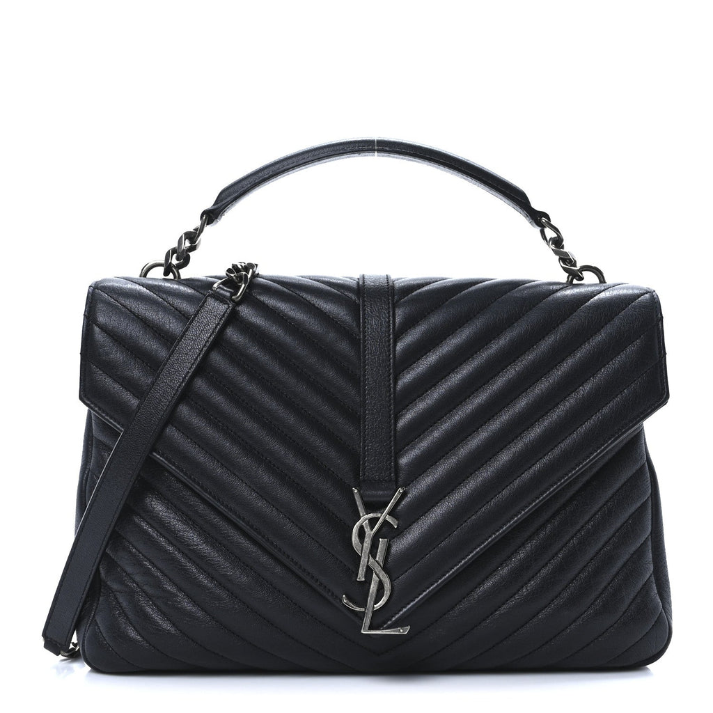 Sheepskin Matelasse Chevron Monogram Large College Satchel Black
