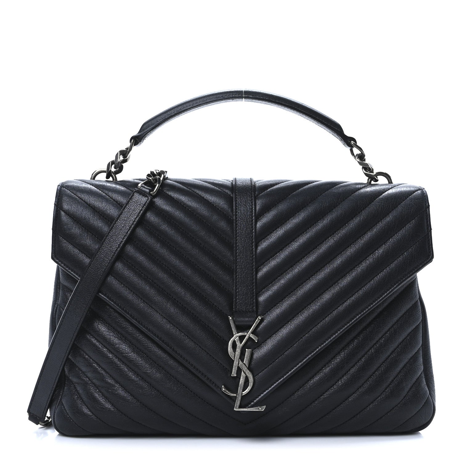 Sheepskin Matelasse Chevron Monogram Large College Satchel Black