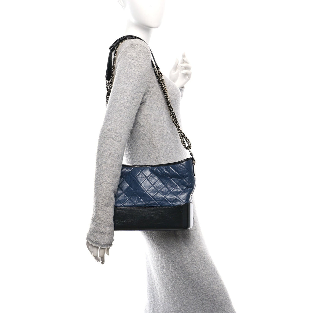 Aged Calfskin Quilted Medium Gabrielle Hobo Navy Black