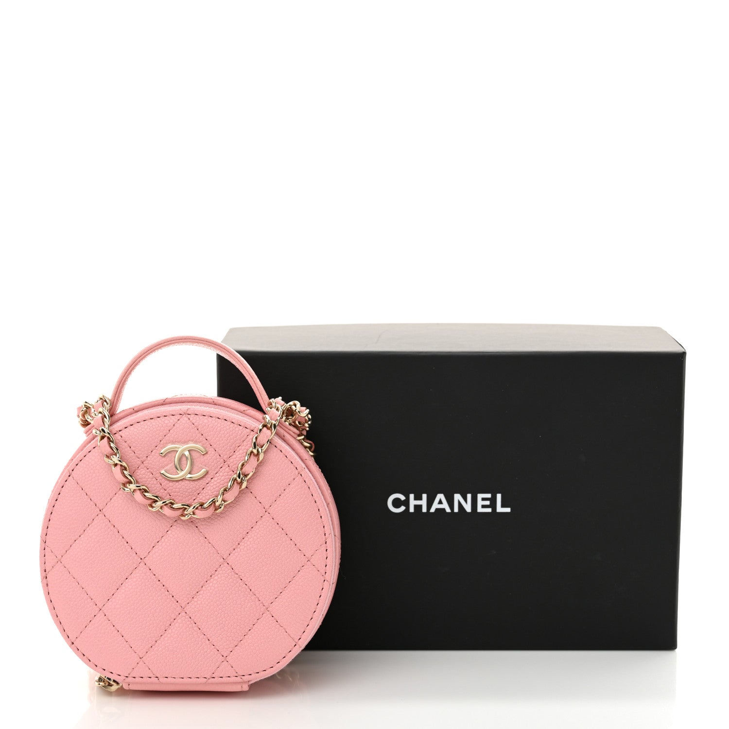 Caviar Quilted Round Handle With Care Vanity With Chain Pink