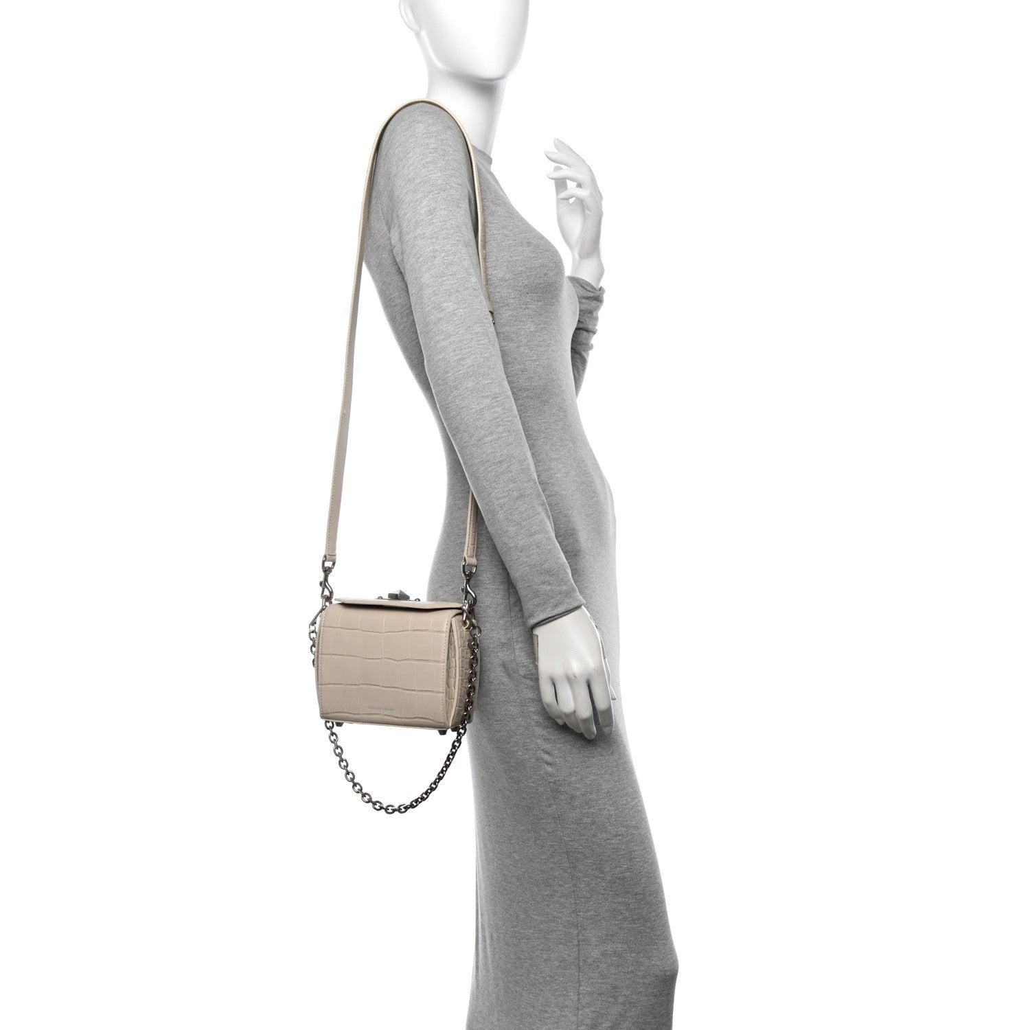Calfskin Crocodile Embossed Box Shoulder Bag 16 White Bone