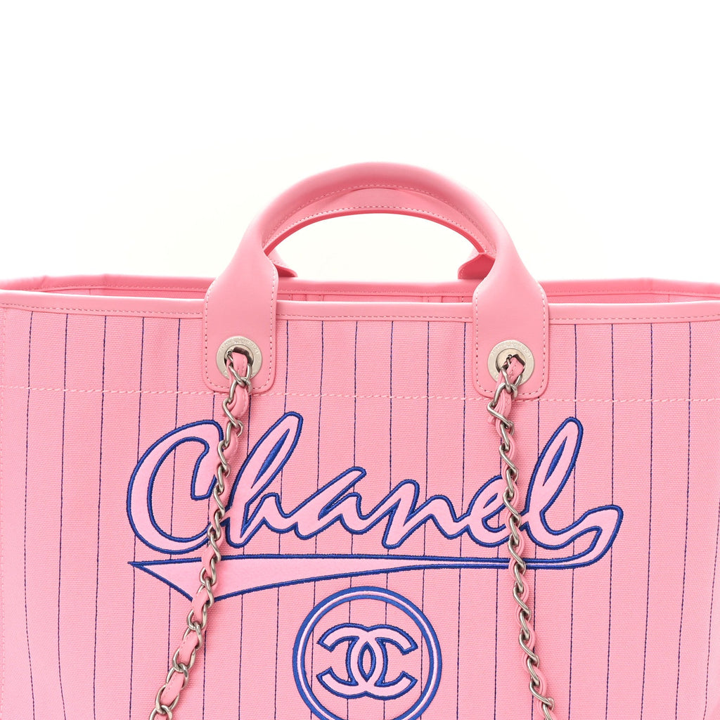Canvas Calfskin Striped Large Deauville Tote Pink Blue