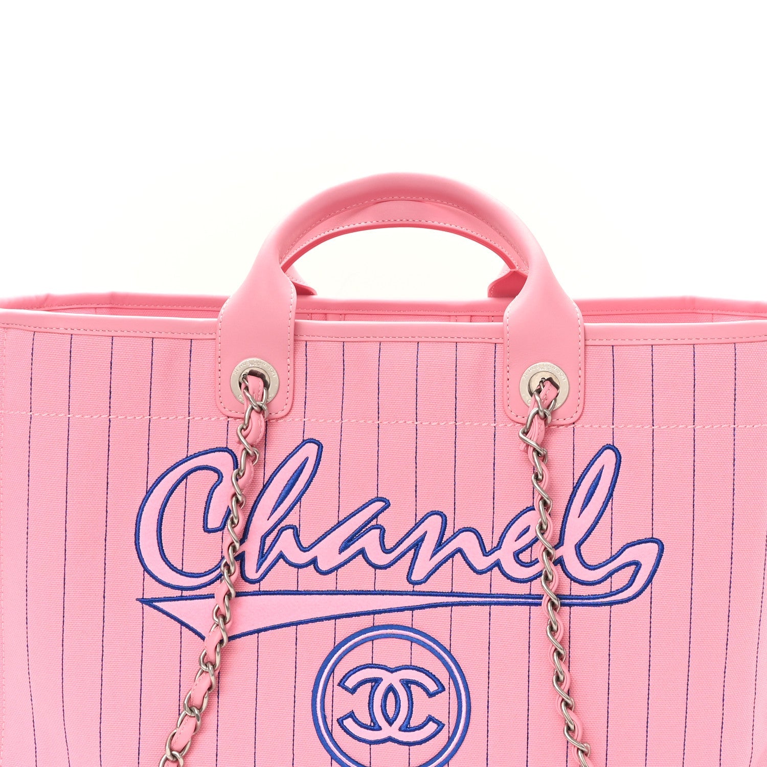 Canvas Calfskin Striped Large Deauville Tote Pink Blue