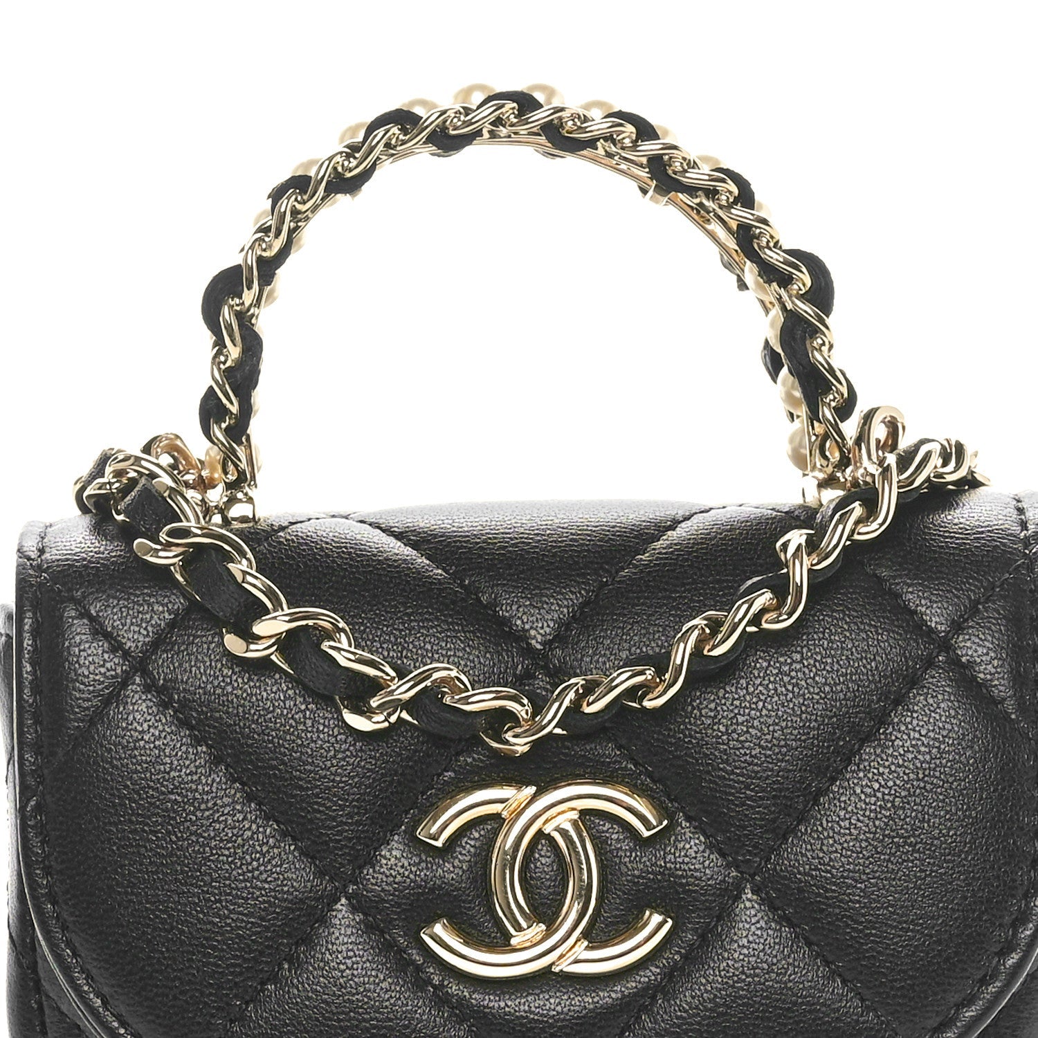 Lambskin Quilted Pearl Top Handle Clutch With Chain Black