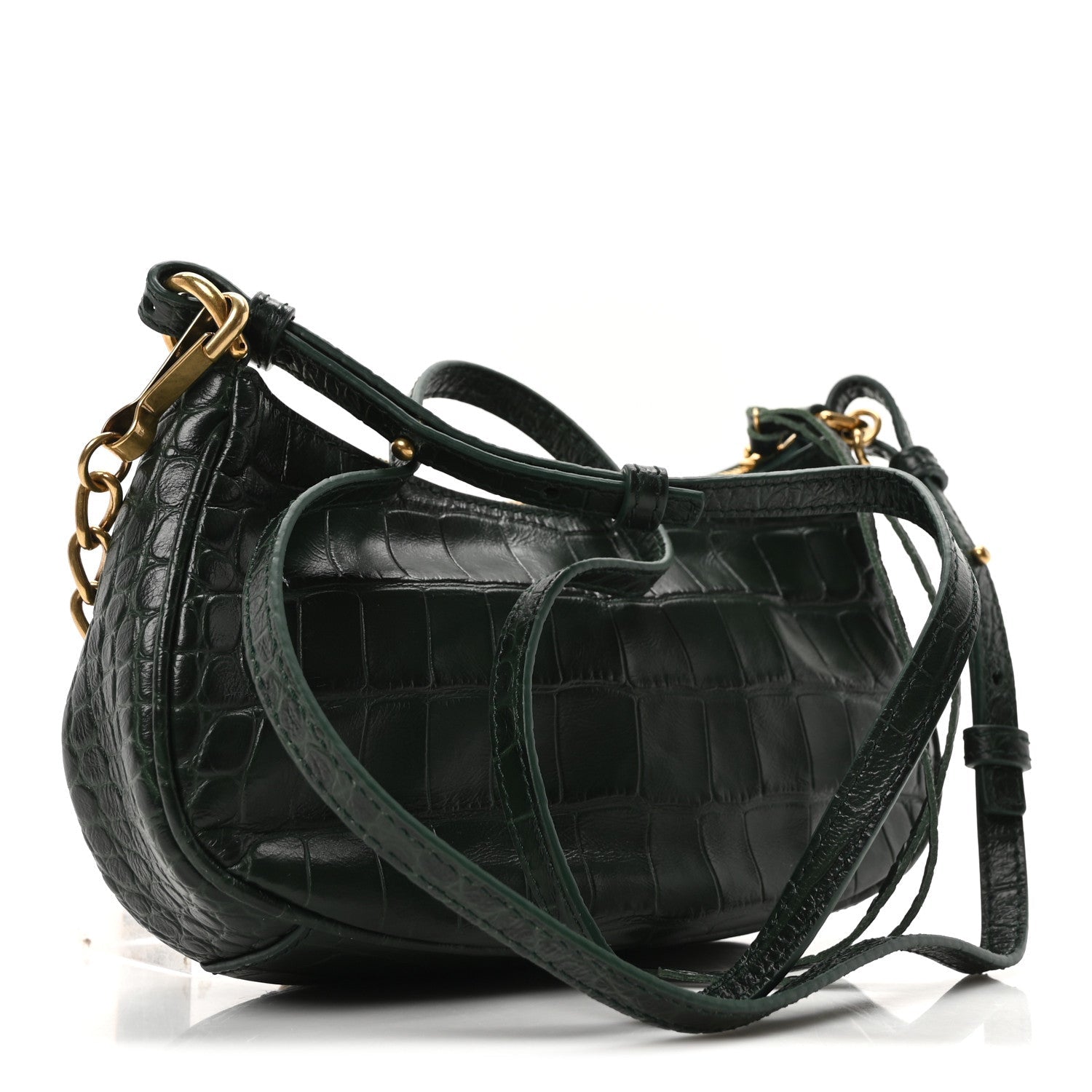 Extra Supple Calfskin Crocodile Embossed Mini Le Cagole Purse With Chain Forest Green