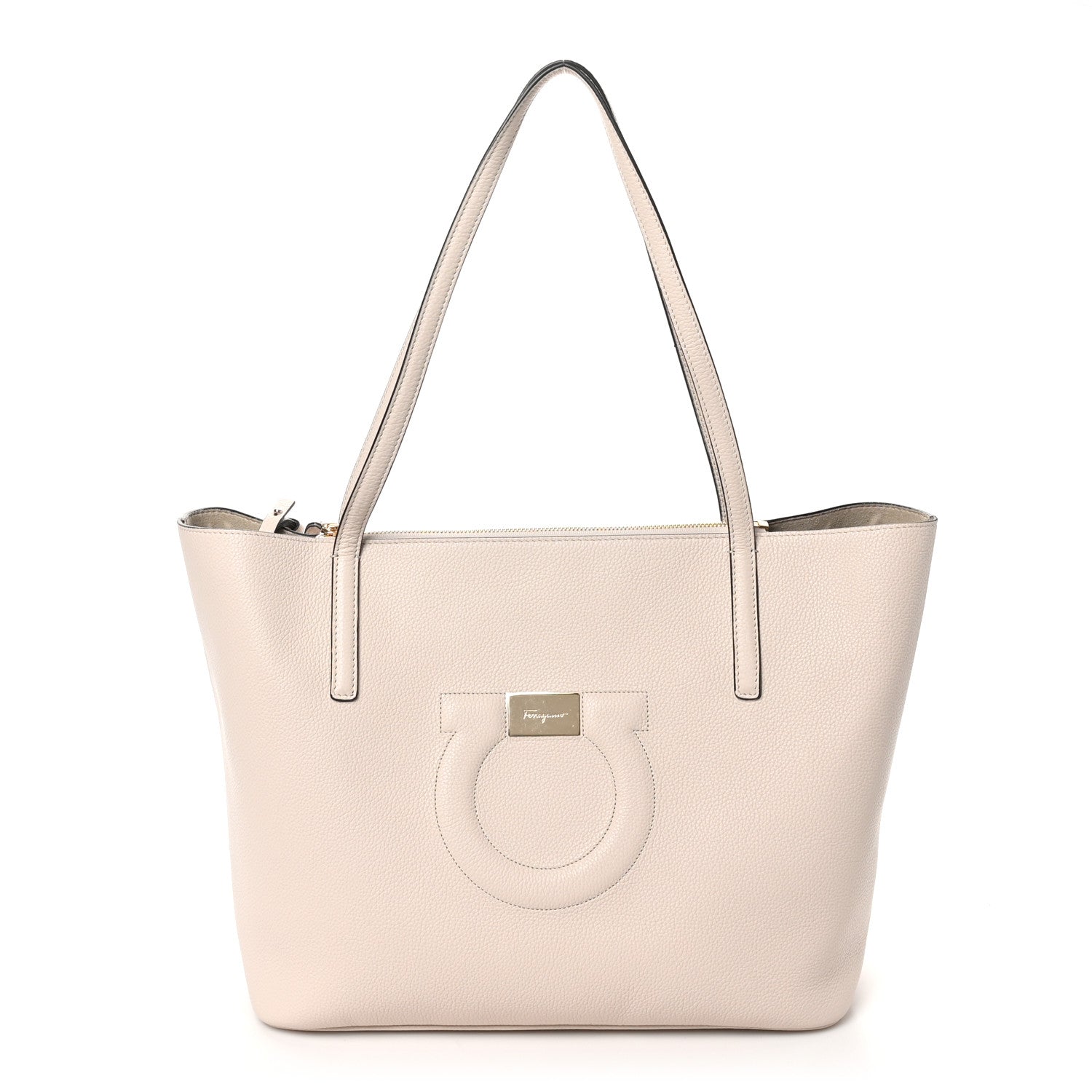 Grainy Calfskin Medium Gancini Tote Bone