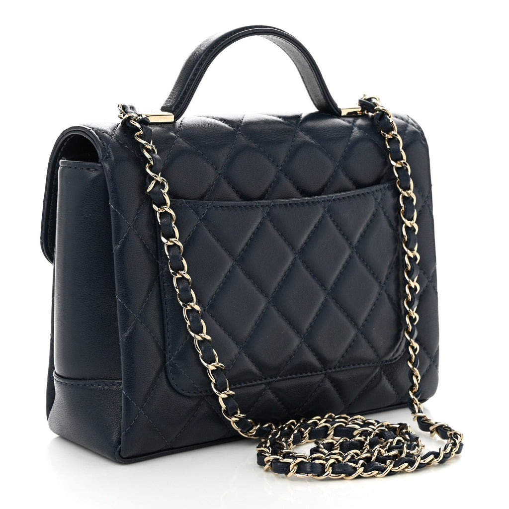 Lambskin Quilted Small Top Handle Square Flap Navy Blue
