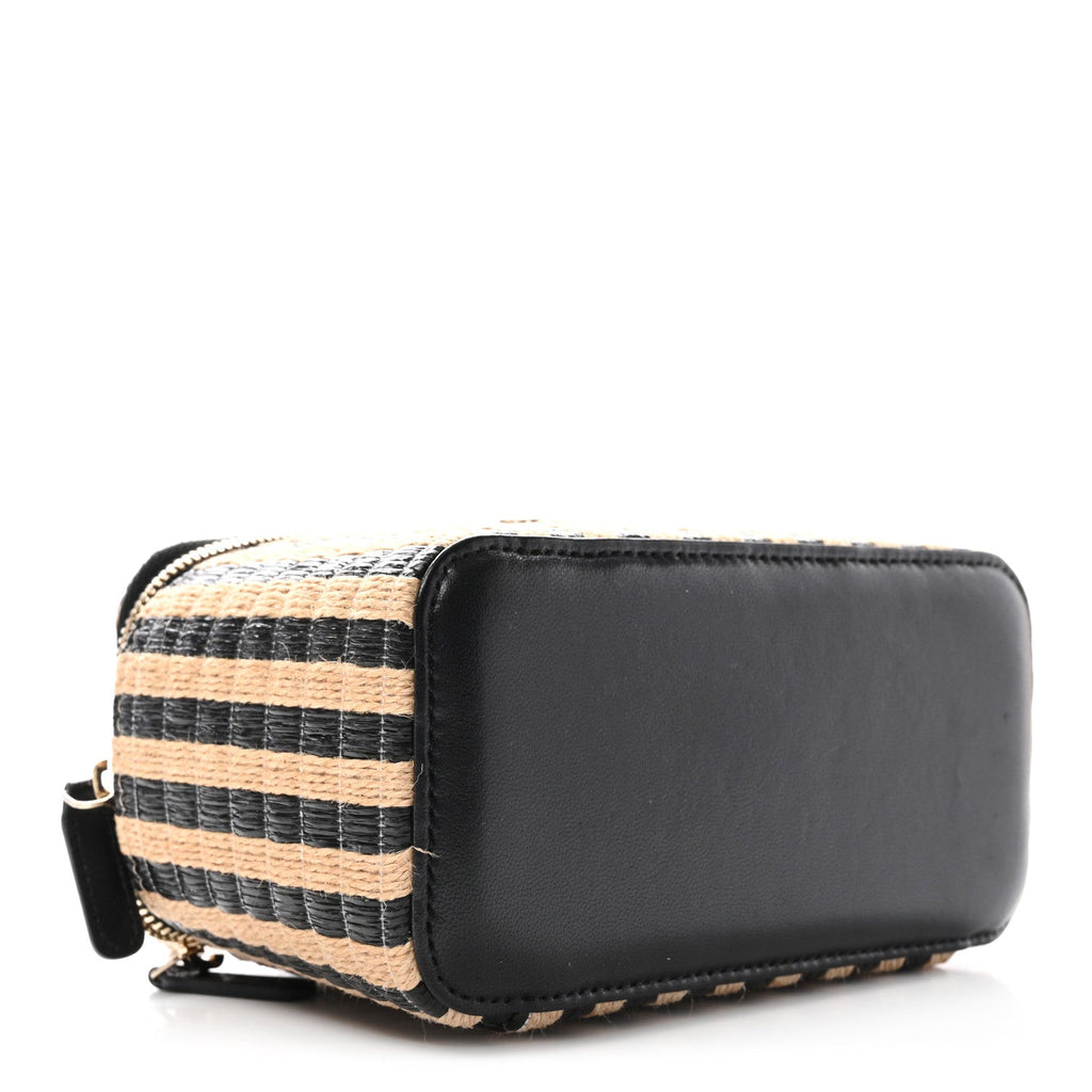 Raffia Jute Striped Small Vanity Case With Chain Black Beige