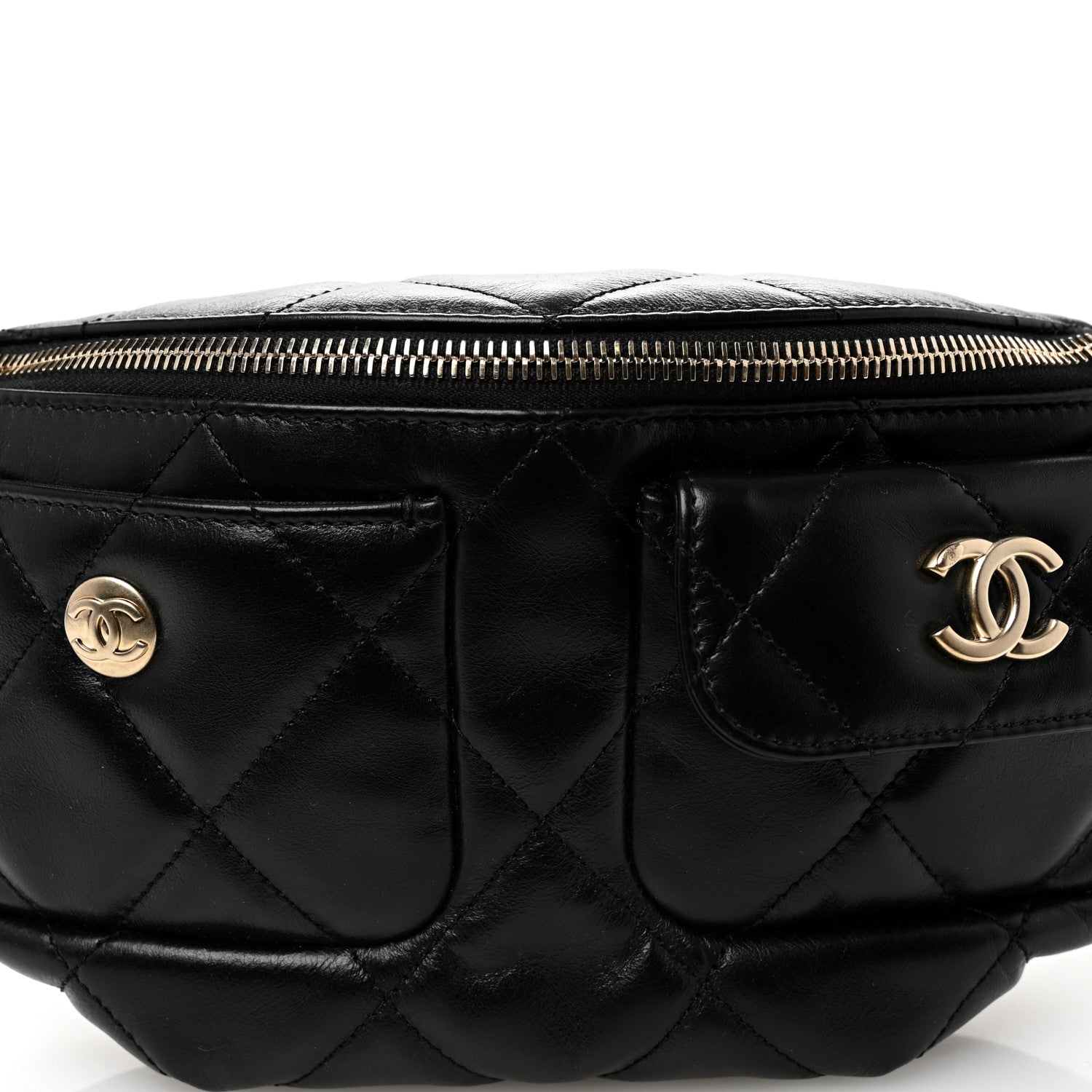 Shiny Aged Calfskin Quilted CC Pockets Jacket Waist Belt Bag Black