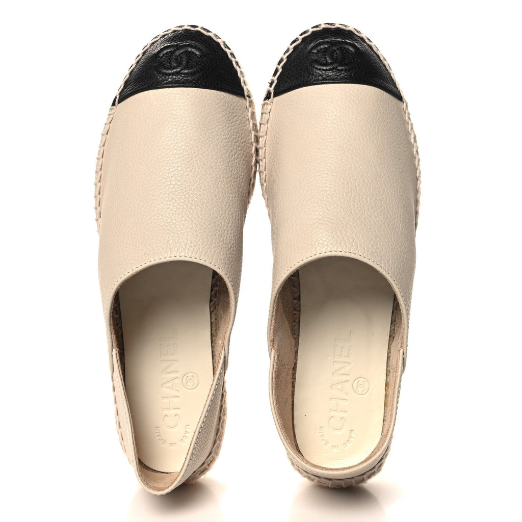 Grained Calfskin CC Espadrilles 38 Beige Black