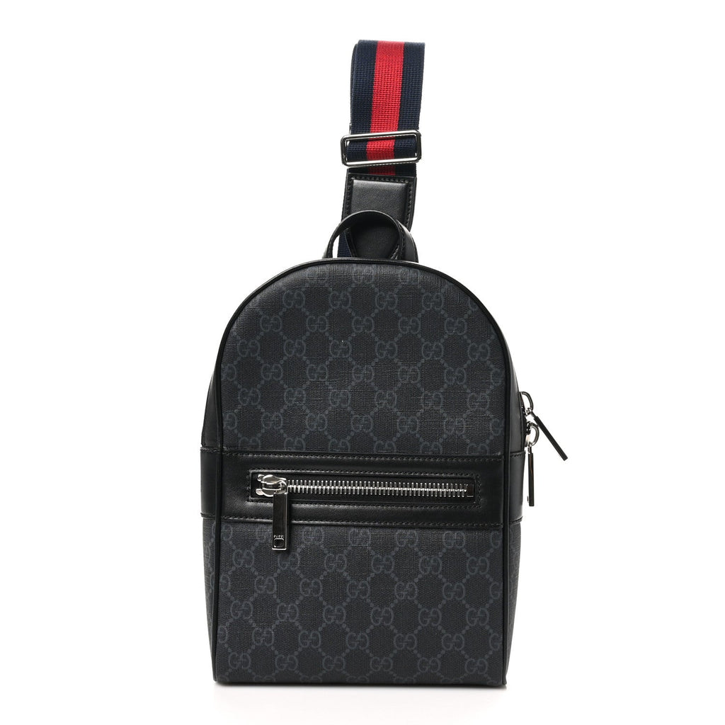 GG Supreme Monogram Calfskin Web Sling Backpack Black Grey