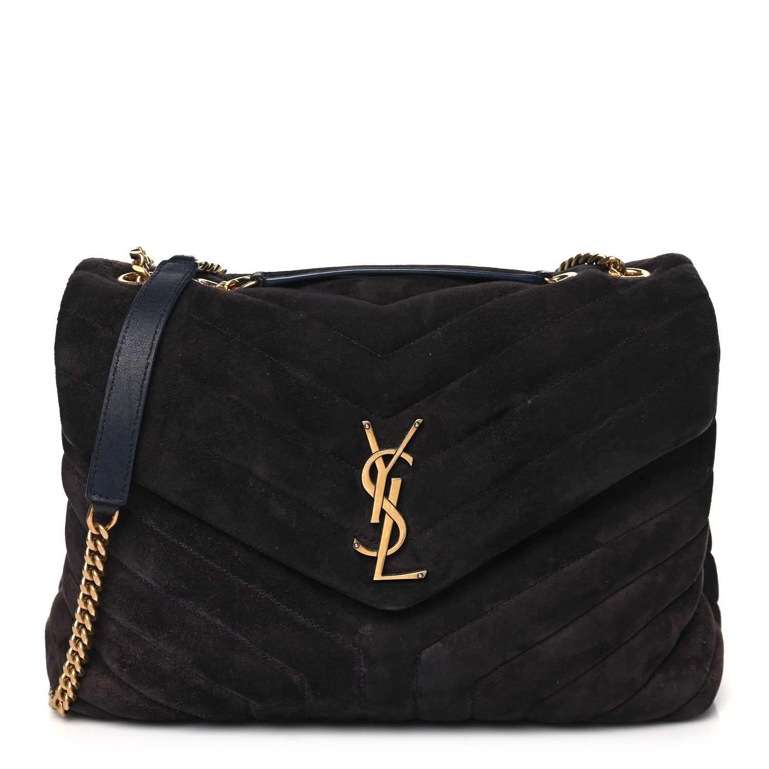 Suede Calfskin Y Quilted Monogram Medium Loulou Chain Satchel Deep Marine