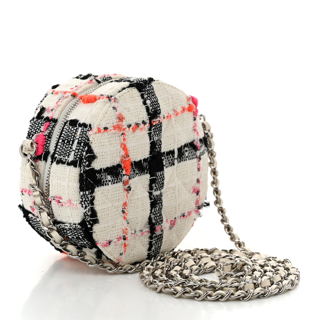 Tweed Quilted Round Clutch With Chain Black White Multicolor