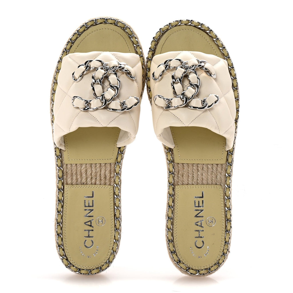 Lambskin Quilted CC Chain Espadrille Mules 37 White