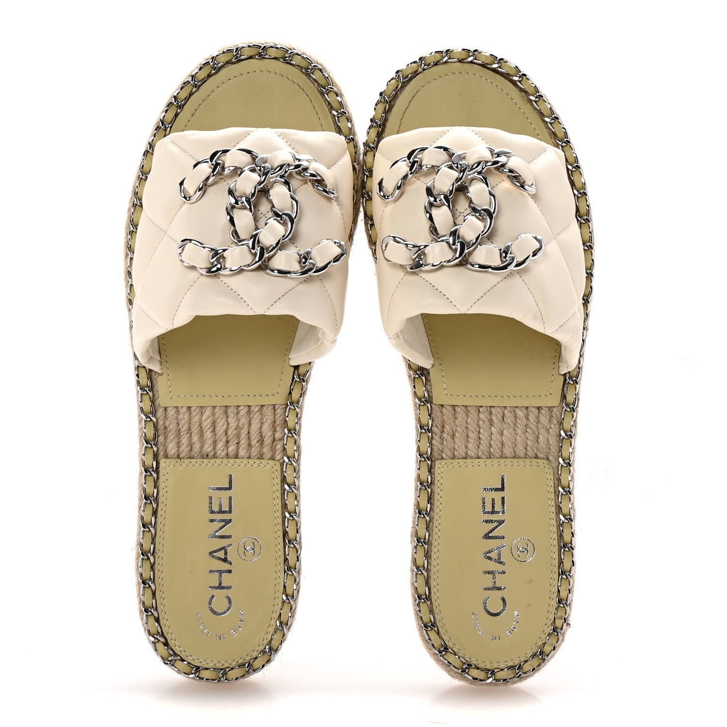 Lambskin Quilted CC Chain Espadrille Mules 37 White