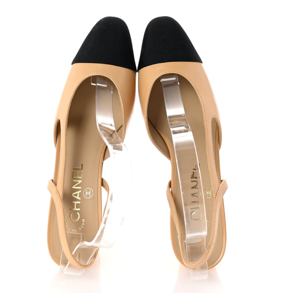 Goatskin Grosgrain Cap Toe CC Slingback Pumps 37 Beige Black