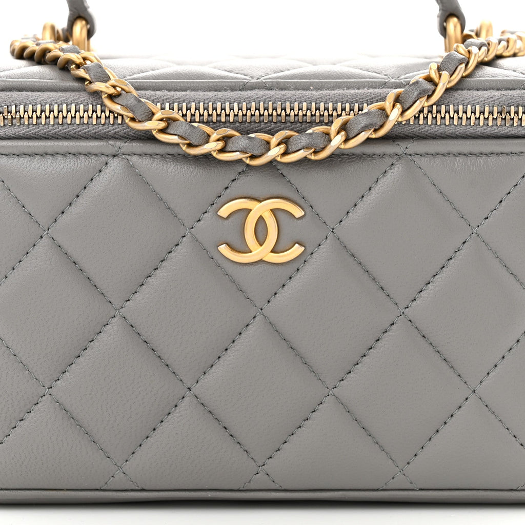 Lambskin Quilted Metal Small Top Handle Vanity Case With Chain Grey