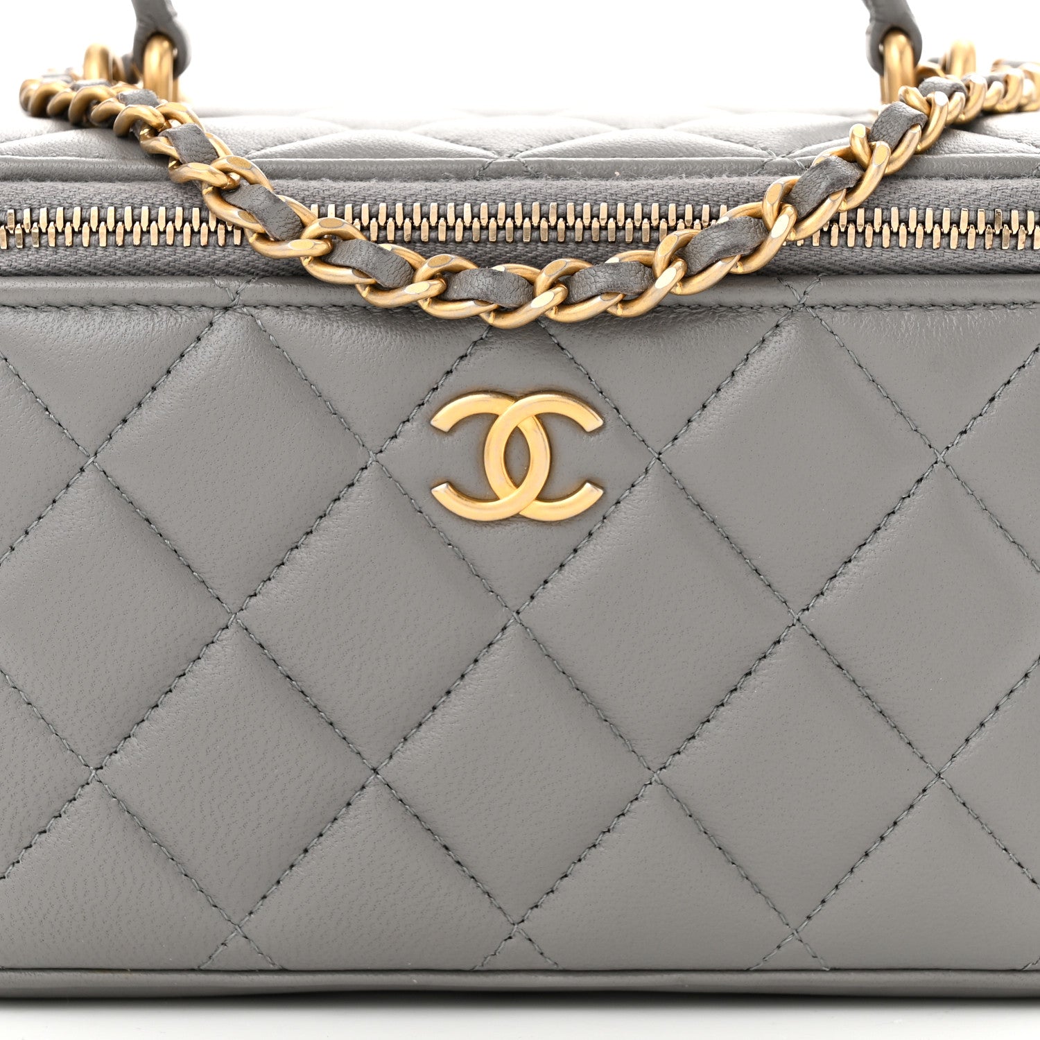 Lambskin Quilted Metal Small Top Handle Vanity Case With Chain Grey