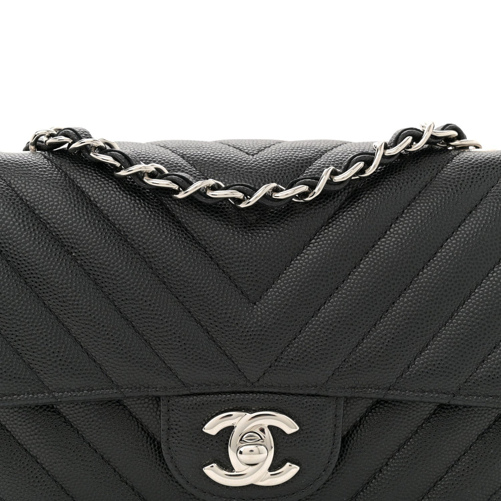 Caviar Chevron Quilted Mini Rectangular Flap Black