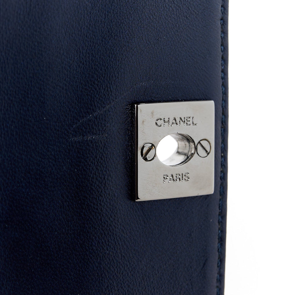 Lambskin Chocolate Bar Quilted 3 Chain Flap Navy Blue