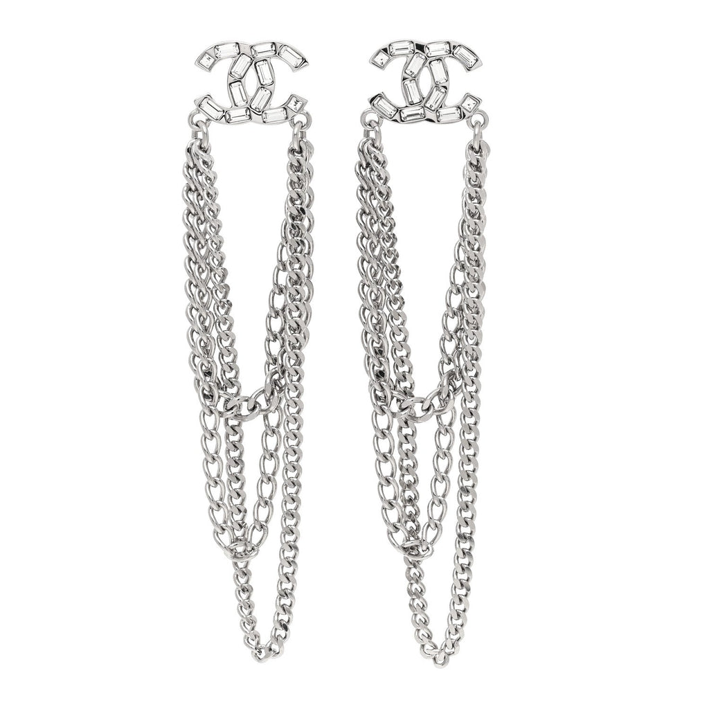 Crystal Baguette CC Chain Drop Earrings Silver