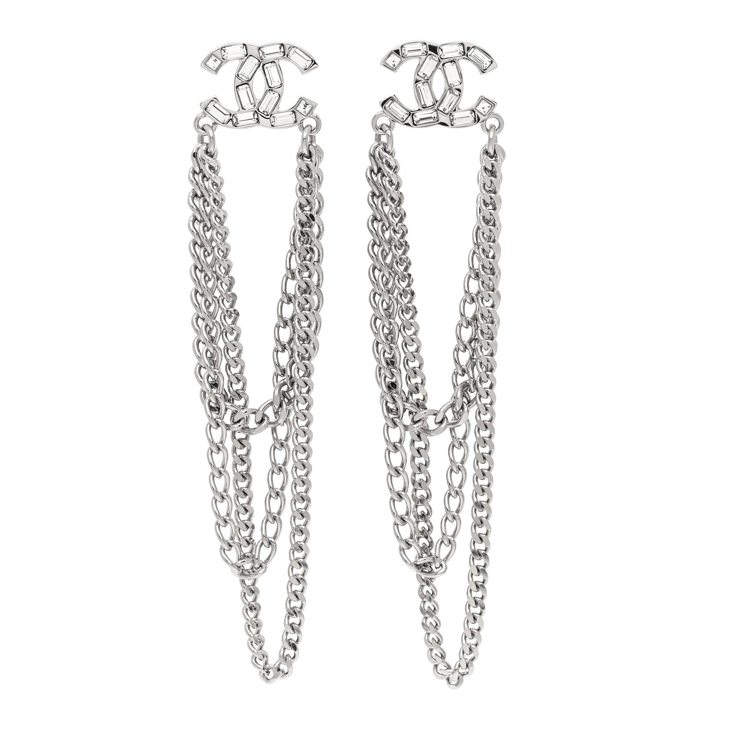 Crystal Baguette CC Chain Drop Earrings Silver