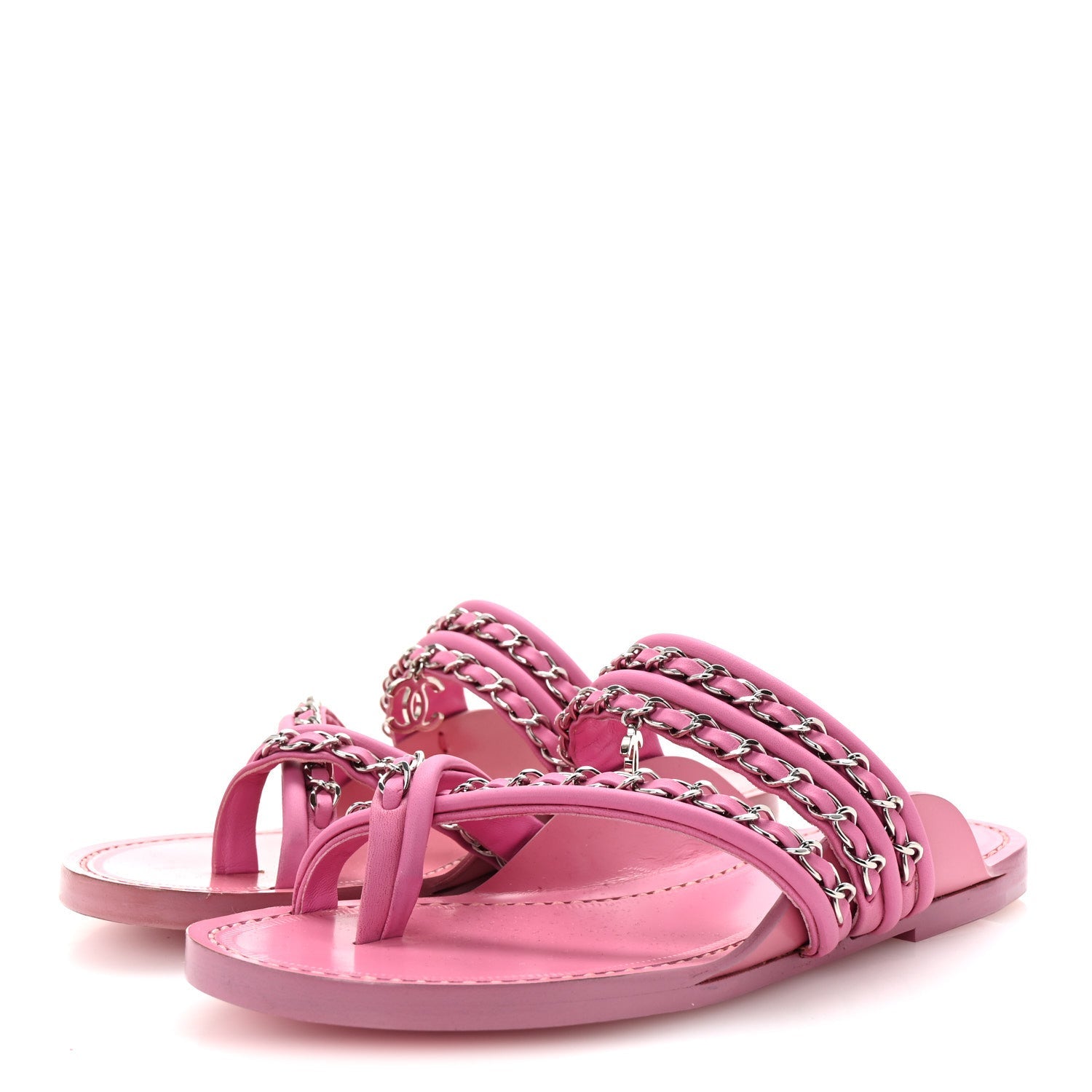 Calfskin Chain CC Thong Flat Sandals 36 Pink
