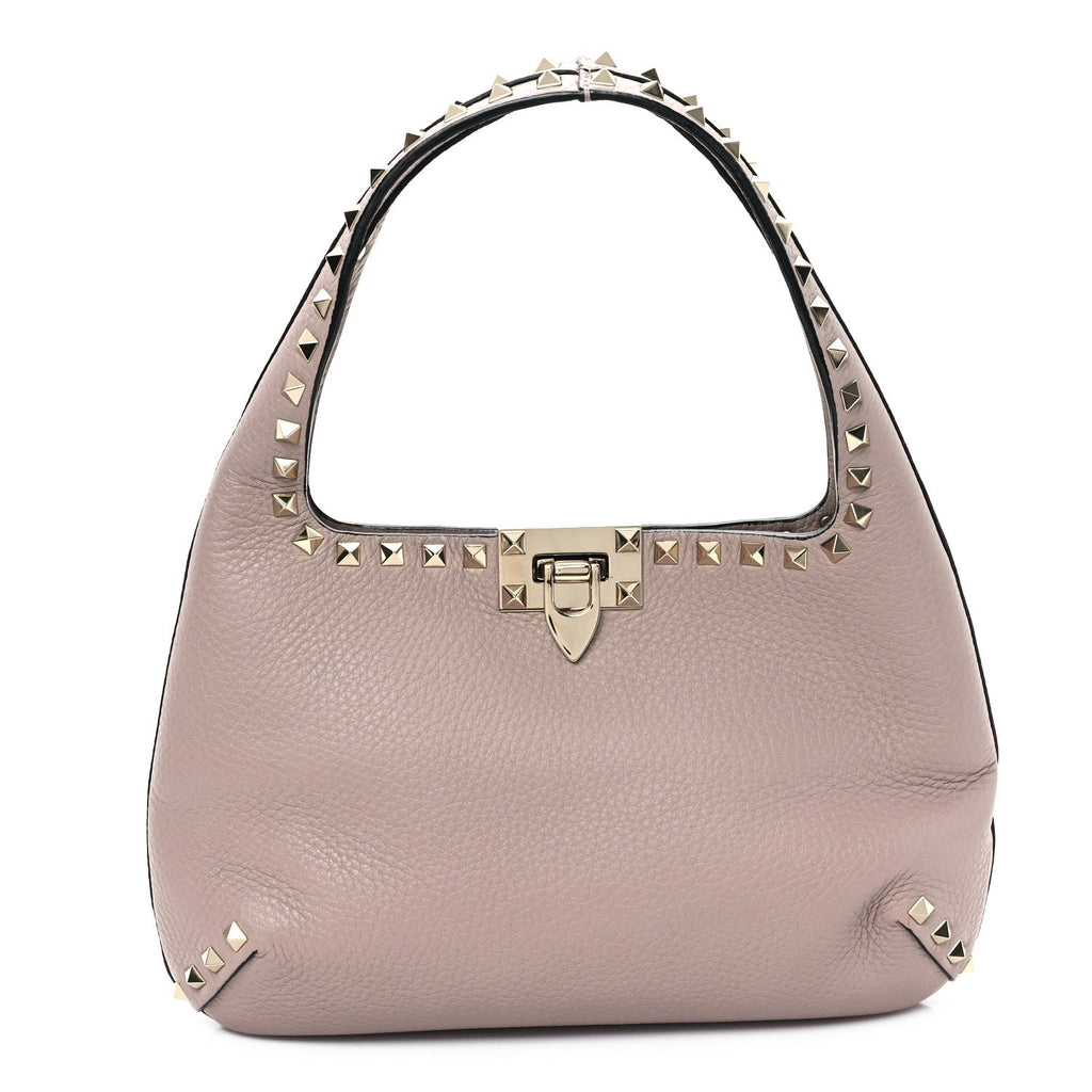 Pebbled Calfskin Small Rockstud Flip Lock Hobo Poudre