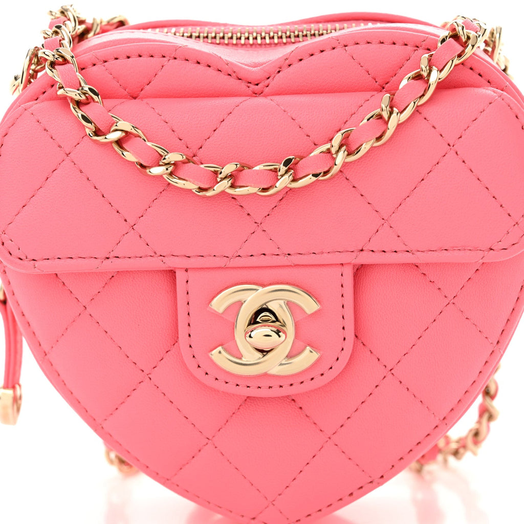 Lambskin Quilted CC In Love Heart Clutch With Chain Pink