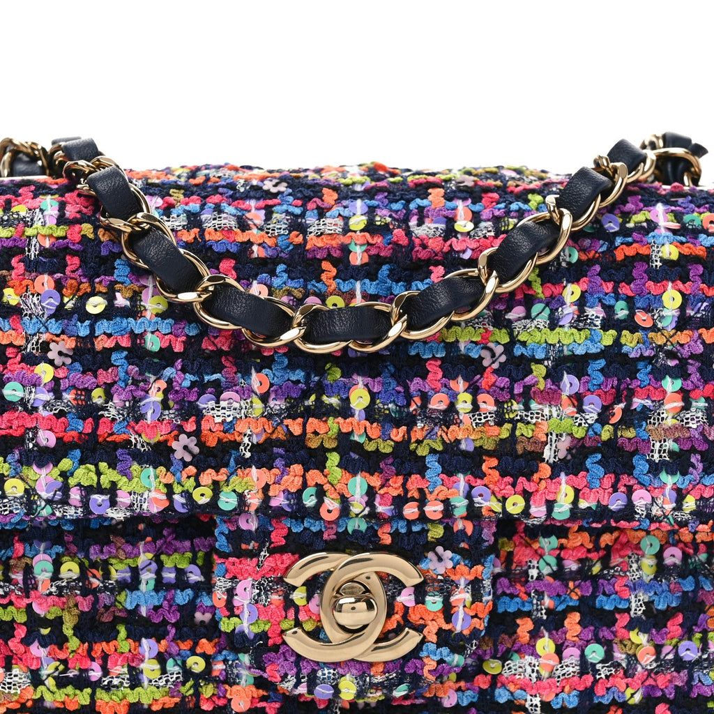 Tweed Quilted Mini Rectangular Flap Navy Blue Multicolor