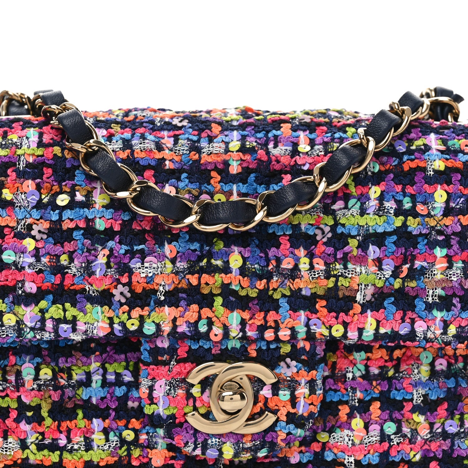 Tweed Quilted Mini Rectangular Flap Navy Blue Multicolor