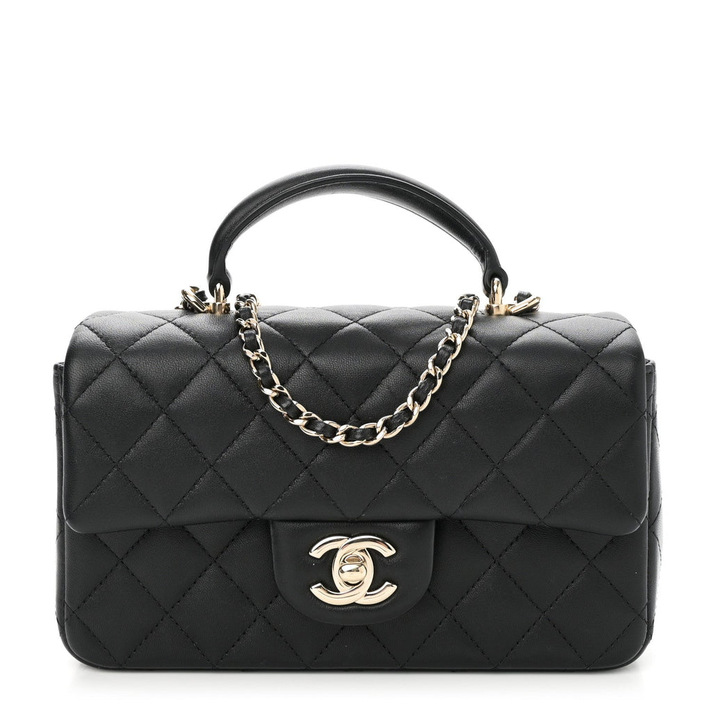Lambskin Quilted Mini Top Handle Rectangular Flap Black