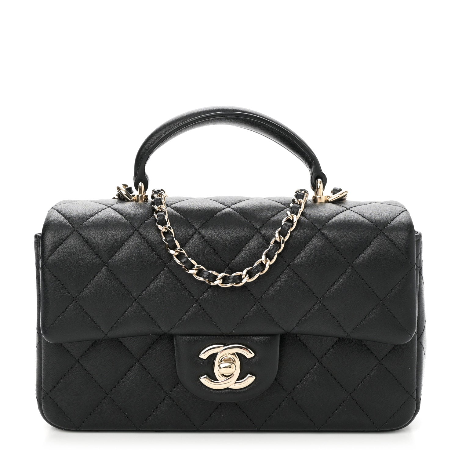 Lambskin Quilted Mini Top Handle Rectangular Flap Black