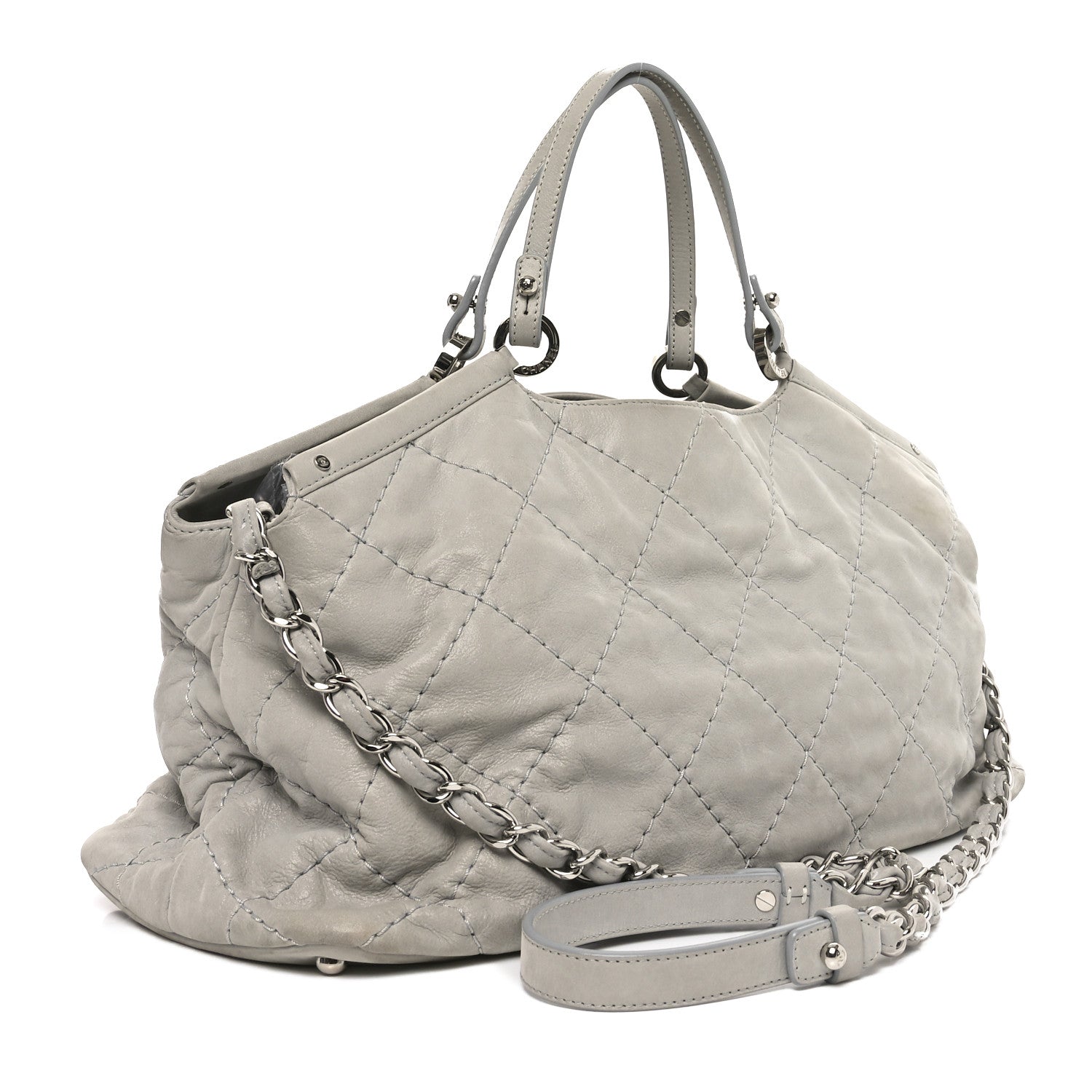 Iridescent Calfskin Quilted Small Sea Hit Tote Gris Clair