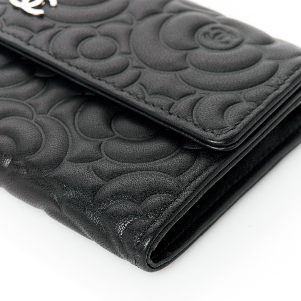 Lambskin Embossed Camellia Large Gusset Flap Wallet Black