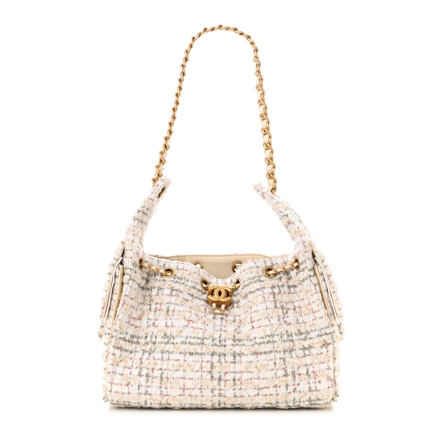 Tweed Quilted Small Chanel 25 Handbag Ecru Khaki Gold Red