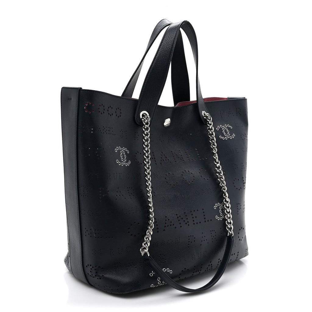Calfskin Tweed Small Logo Eyelets Shopping Tote Navy Blue