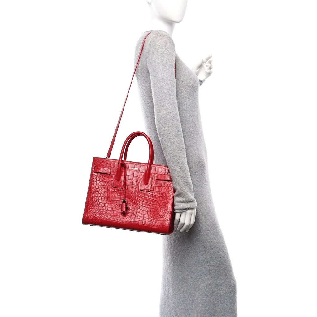 Calfskin Crocodile Embossed Small Sac de Jour New Red
