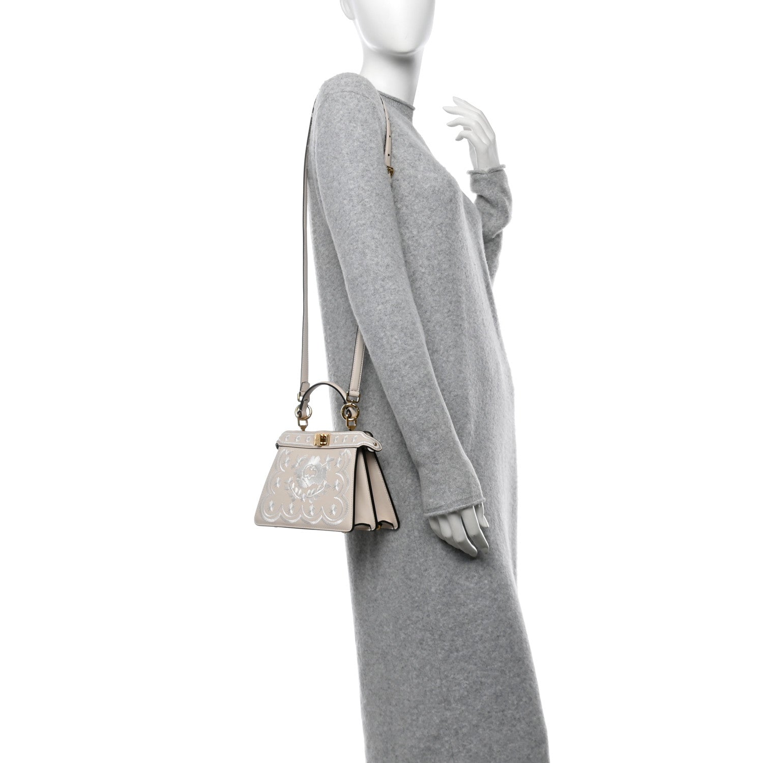 Vitello Seta Shiny Nappa Floral Embroidered Petite Peekaboo I SEE U Satchel Camelia White Ice