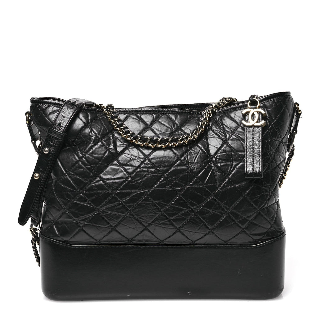 Aged Smooth Calfskin Quilted Large Gabrielle Logo Hobo Black