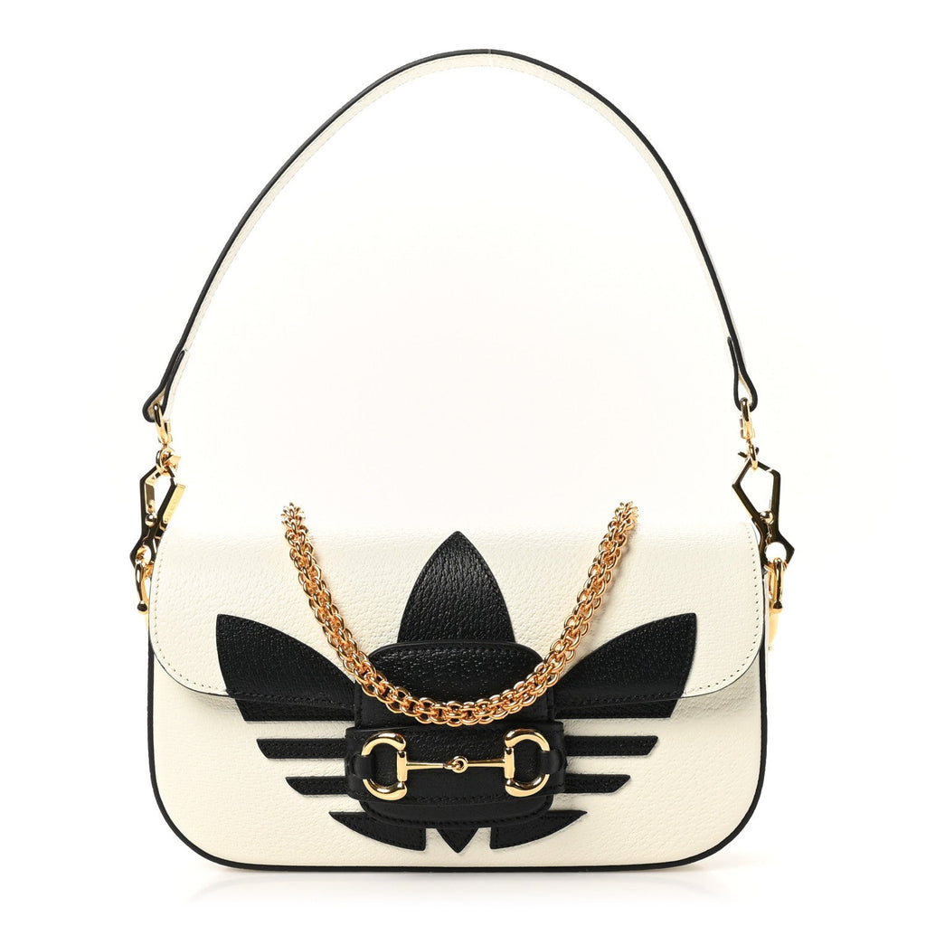 X ADIDAS Textured Dollar Calfskin Web Small Trefoil Horsebit 1955 Shoulder Bag White