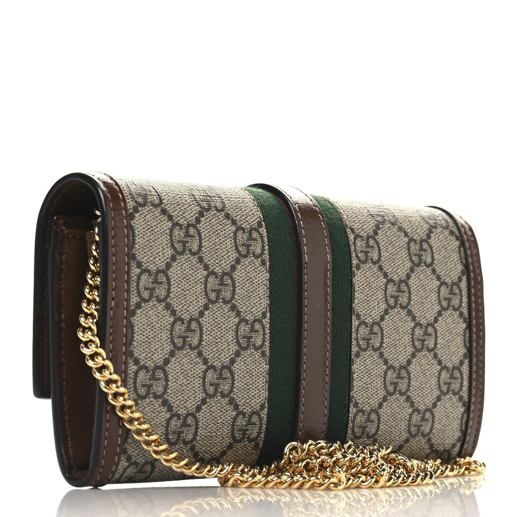 GG Supreme Monogram Azalea Calfskin Web Jackie 1961 Chain Wallet Beige Ebony Brown Sugar