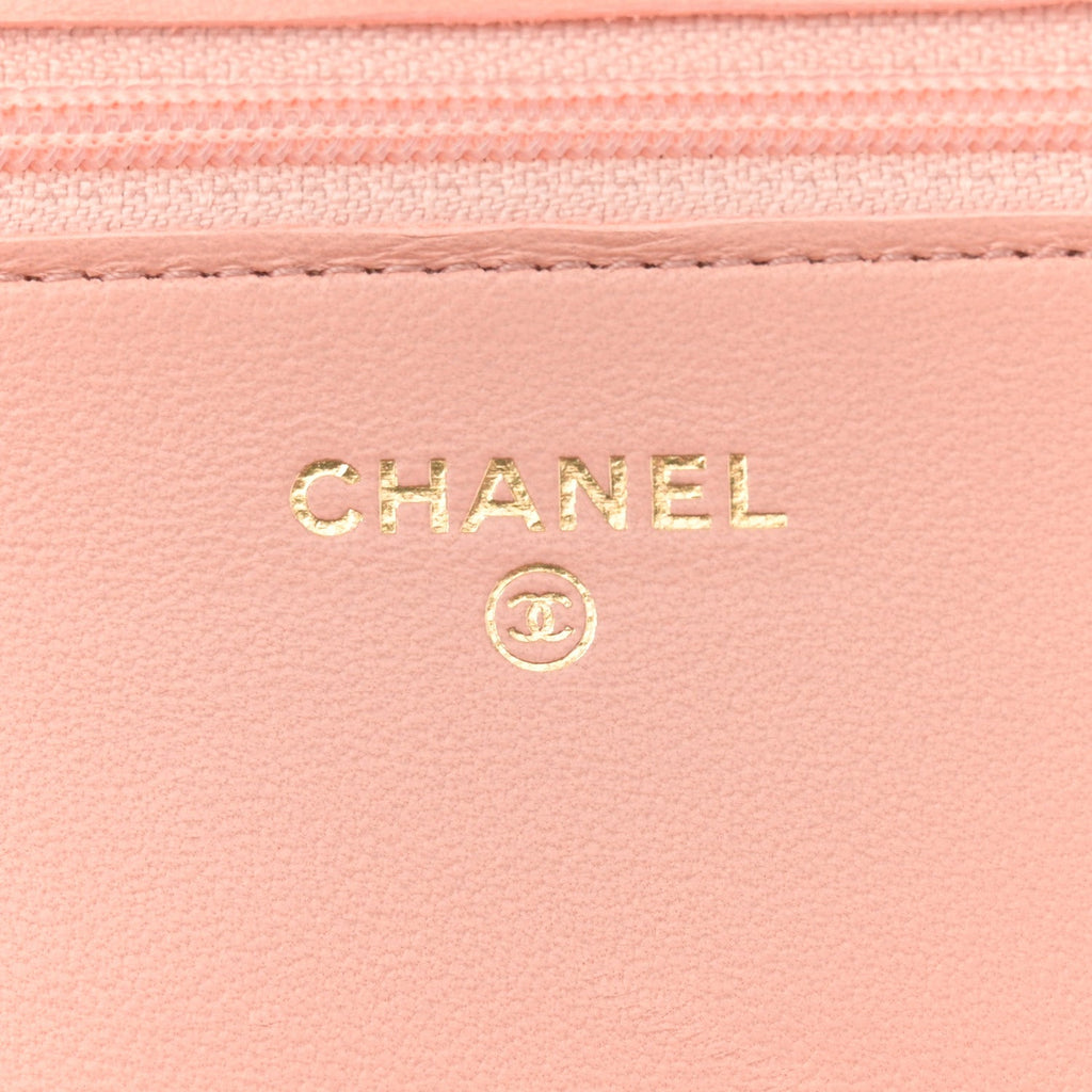 Lambskin Quilted CC Pearl Crush Wallet on Chain WOC Light Orange