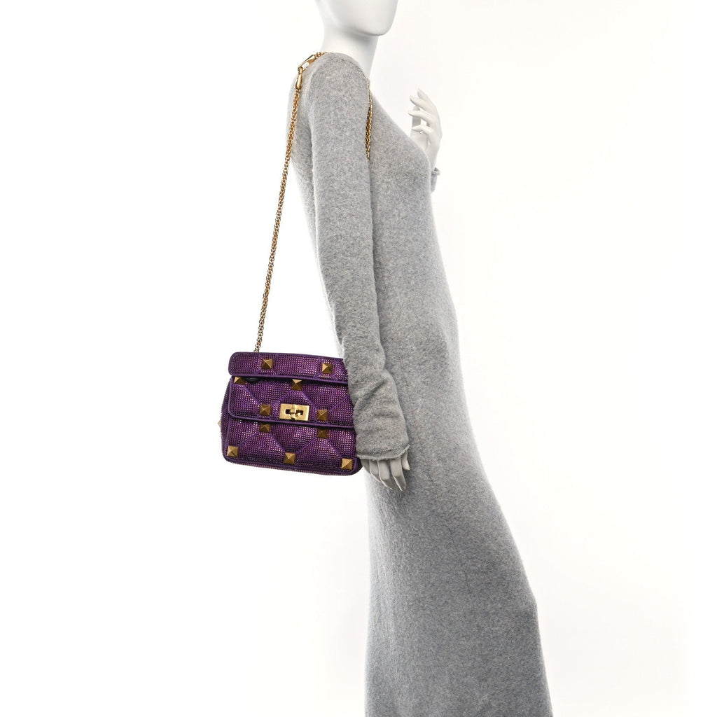 Crystal Suede Enamel Medium Roman Stud Shoulder Bag Purple