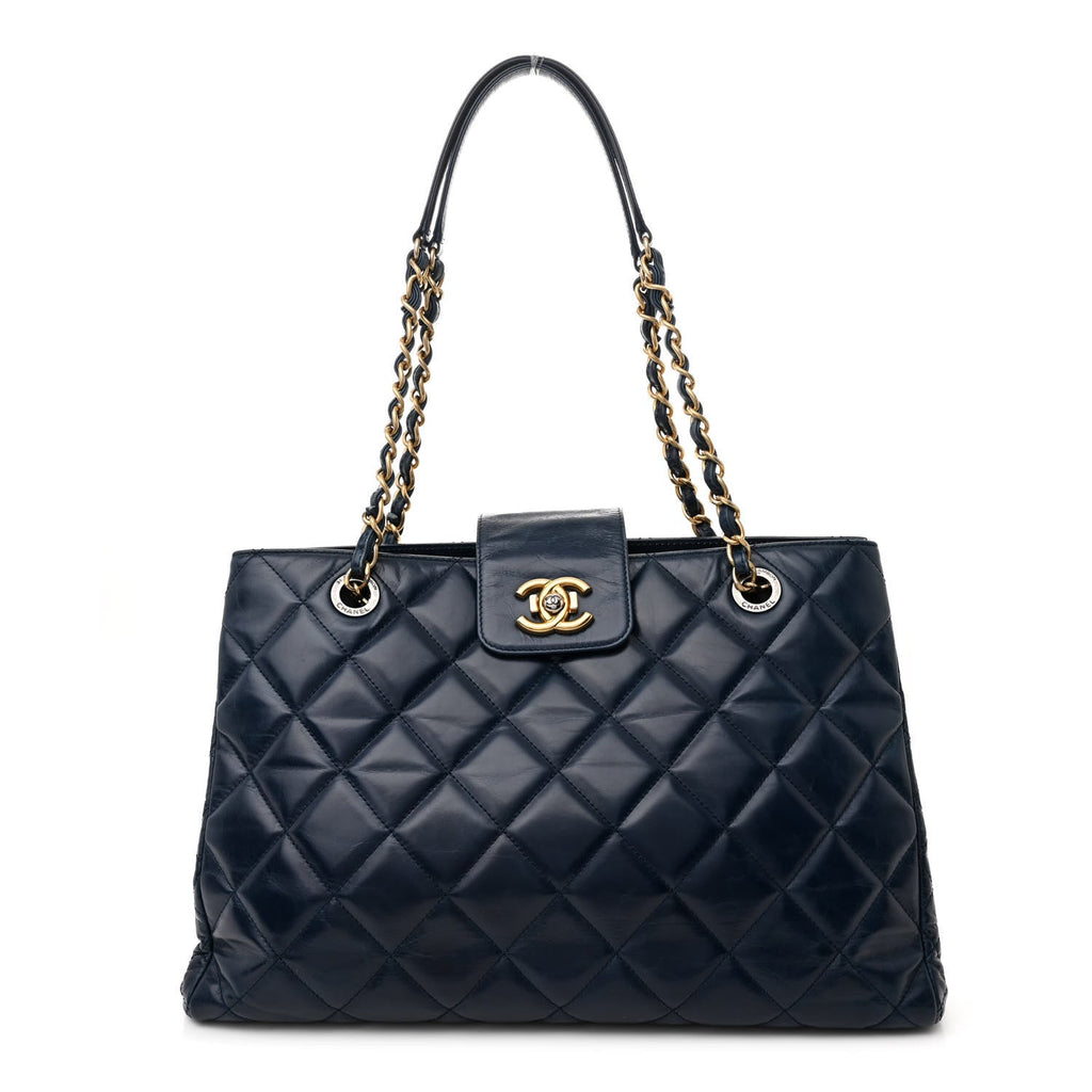 Glazed Calfskin Quilted Daily Walk Tote Navy