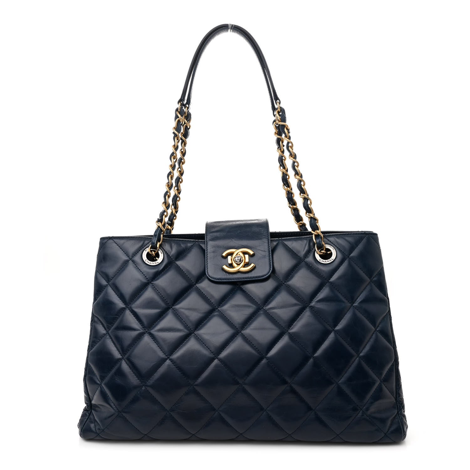 Glazed Calfskin Quilted Daily Walk Tote Navy