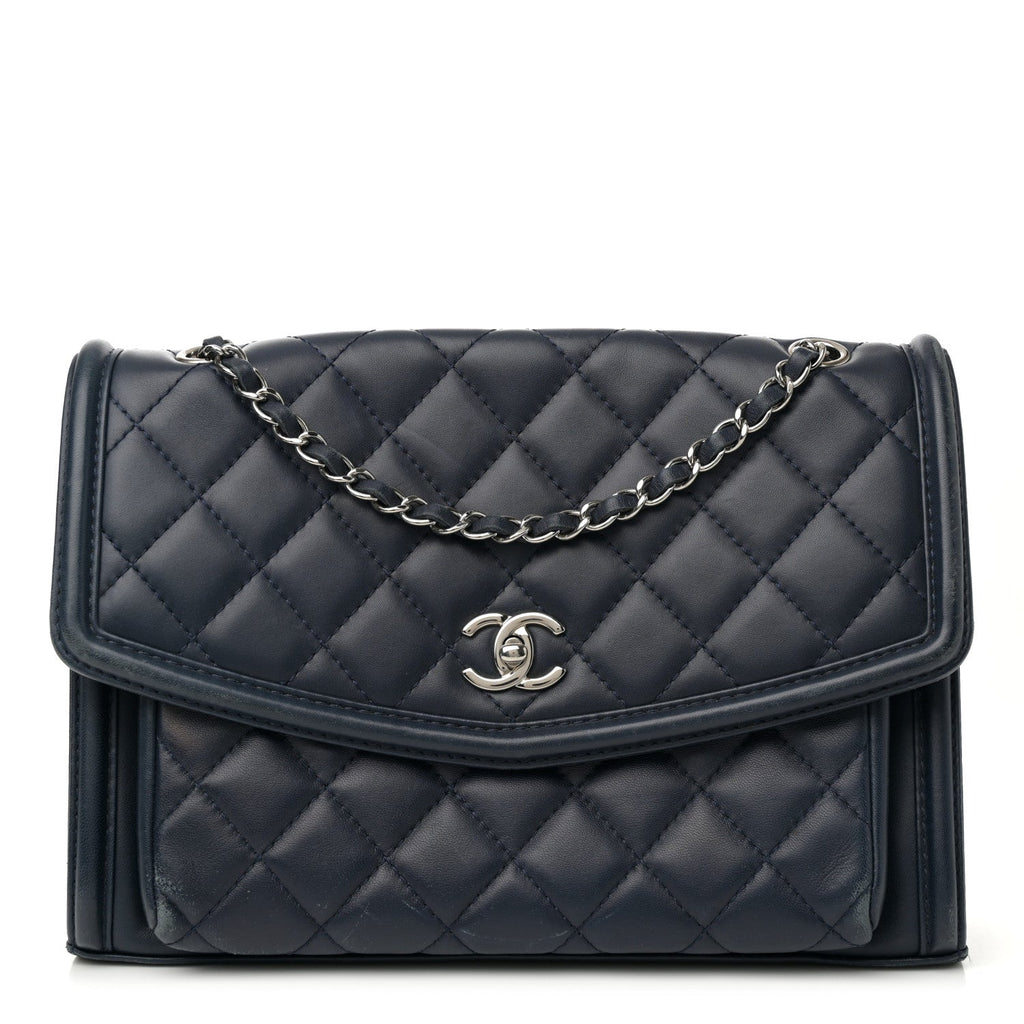 Lambskin Quilted Large Geometric Flap Navy