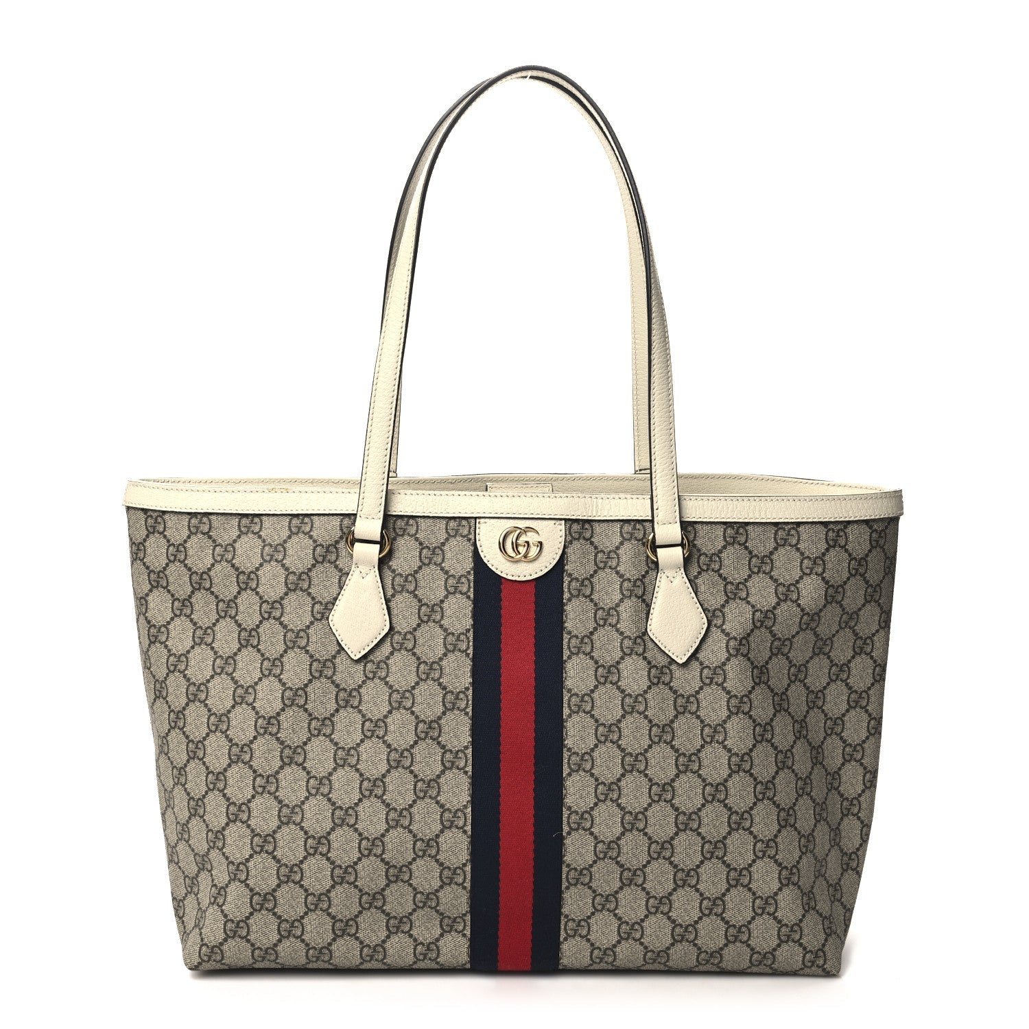 GG Supreme Monogram Textured Dollar Calfskin Web Medium Ophidia Shopping Tote Beige Ebony Mystic White