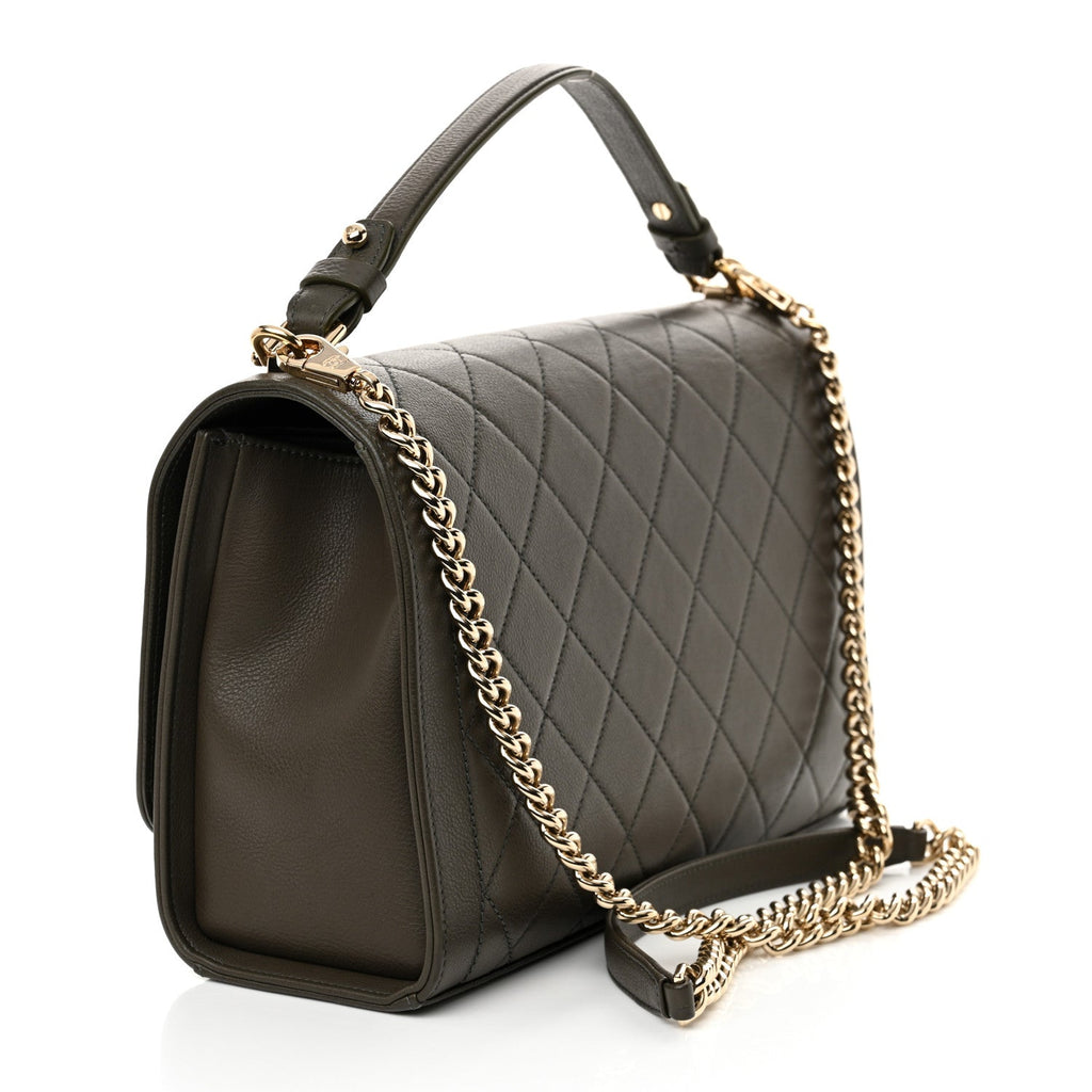 Grained Calfskin Quilted Large Label  Flap Bag Khaki