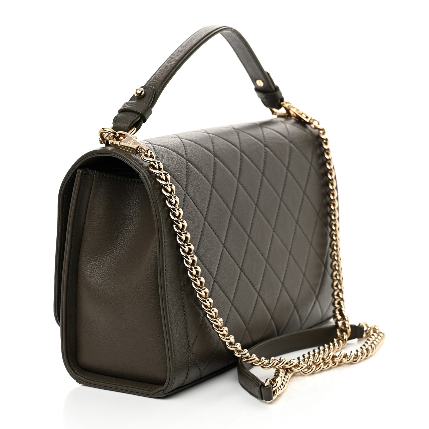 Grained Calfskin Quilted Large Label  Flap Bag Khaki